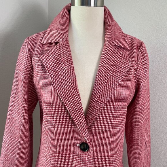 Avec Les Filles Womens Small Red White Plaid Notch Collar Trench Jacket Coat - Picture 2 of 12